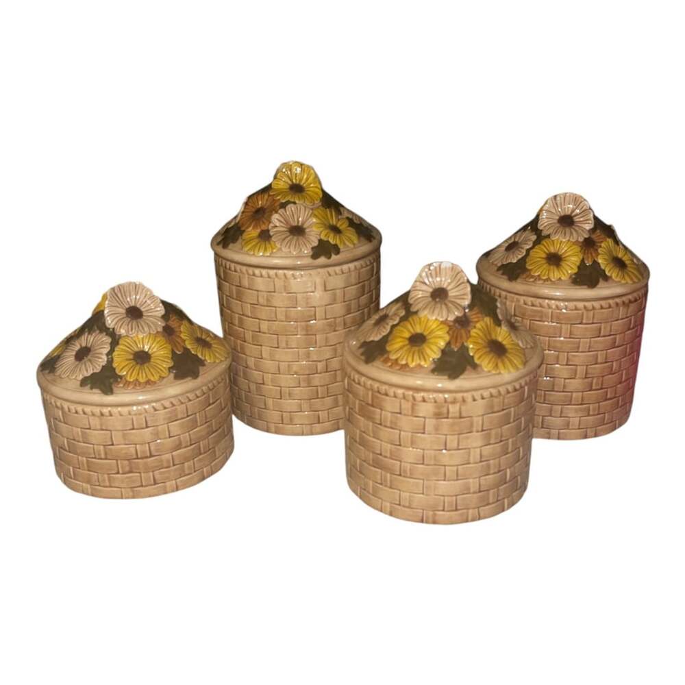 Vintage Ceramic Canister Set Basket Weave Daisy Lids